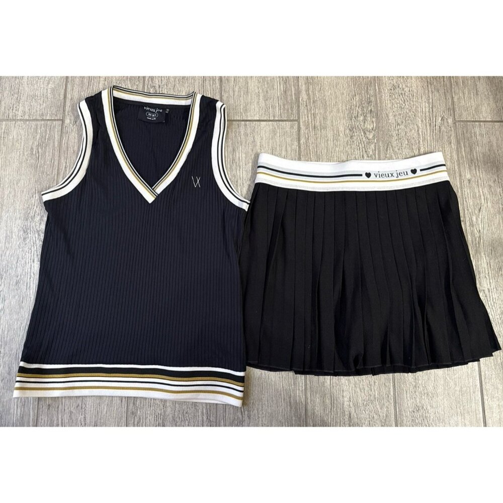 Vieux Jeu Tank Top Womens Small Med Black Pleated Back Tennis Tank &Skirt Set